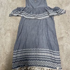 miami Chambray Blue Off-Shoulder Embroidered Tassel Mini Dress
